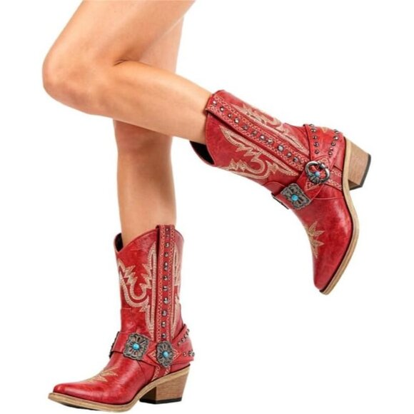 ⚡Women's Red Ankle High Embroidery Pointed Toe Cowgirl Western Boots Pull On - Picture 6 of 6